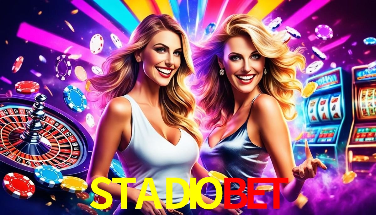 Escena dinámica inspirada en casino con iluminación STADIOBET, cartas, fichas e íconos de juegos digitales en un espacio moderno de juegos.